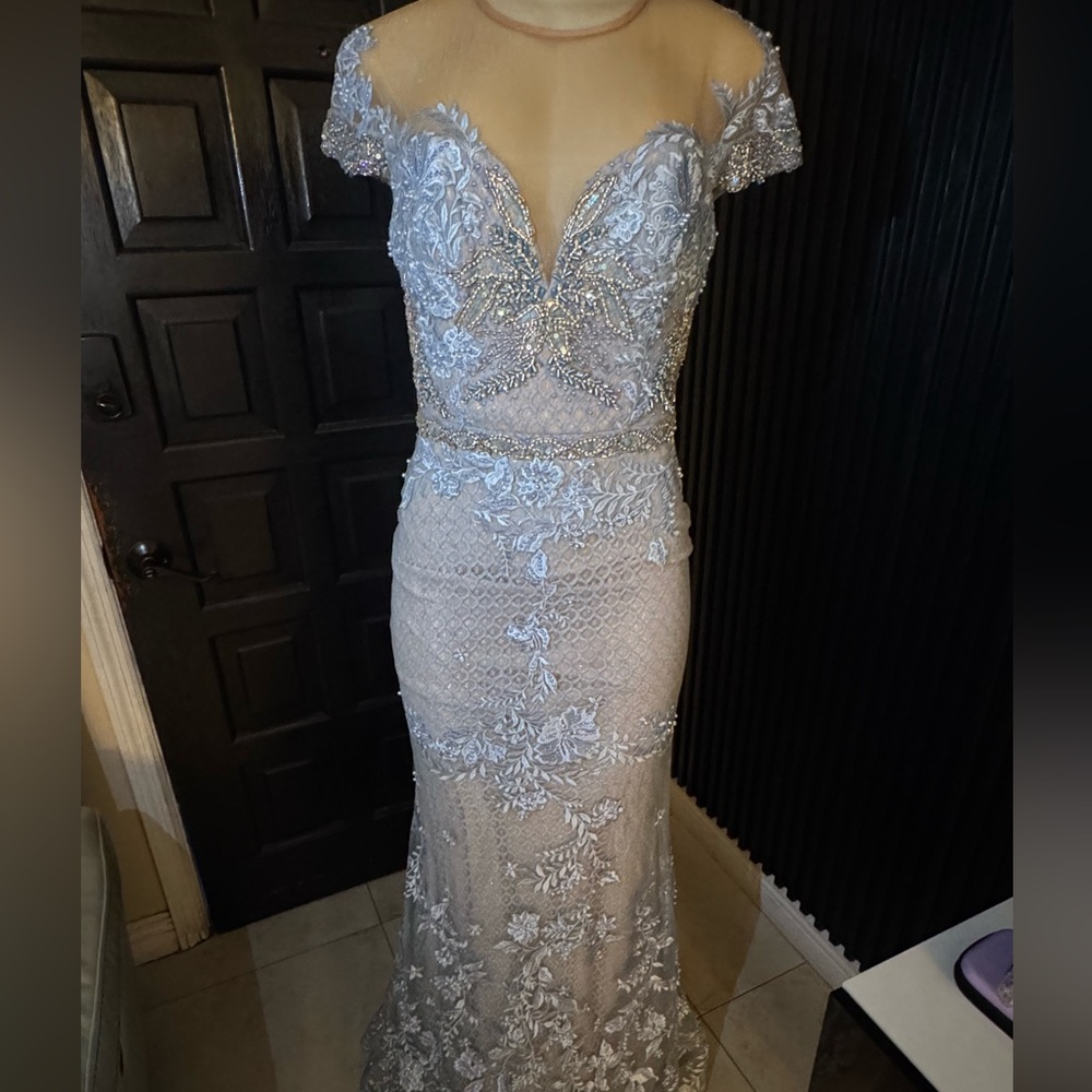 Mac Duggal Silver Embellished Lace Gown